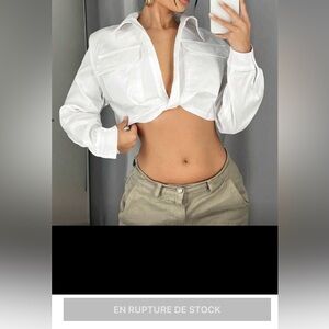 White Cropped Blouse with Flap Pocket – Woven Fabric